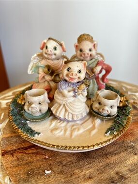 Hand-Painted Ceramic Piglet Figurine Ensemble in Pastel Colors